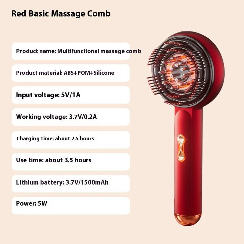 Black handheld LED light massage hair comb with red and blue lights, Type-C charging port visible.