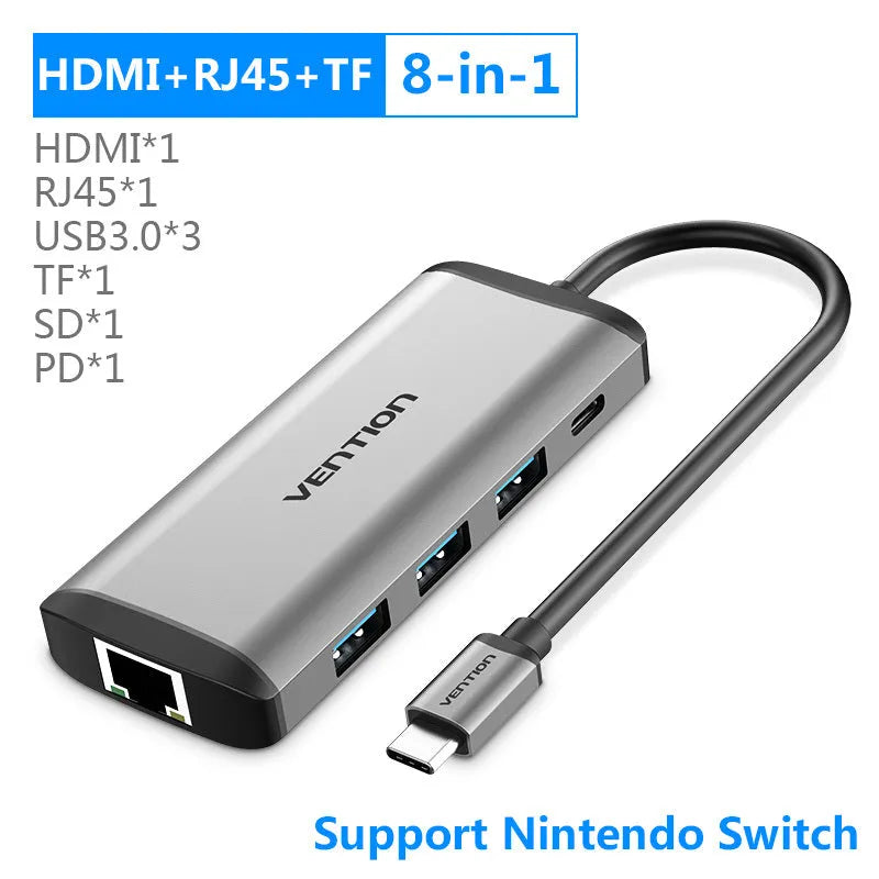 Deep grey Type-C multiport adapter with HDMI, USB 3.0, Ethernet, and memory card ports