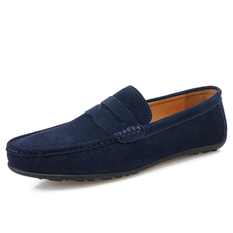 Men's suede slip-on loafers in solid colours with round toe and rubber sole