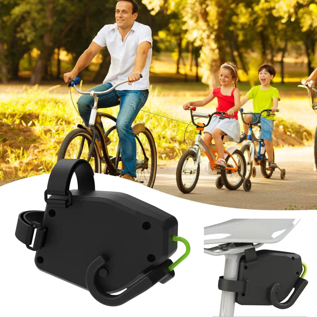 Black plastic bicycle trailer rope with universal hook connectors for towing child trailers