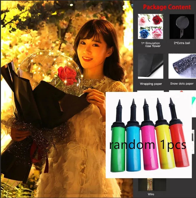 Transparent LED luminous balloon bouquet with artificial rose and glowing light inside, displayed as a DIY kit.