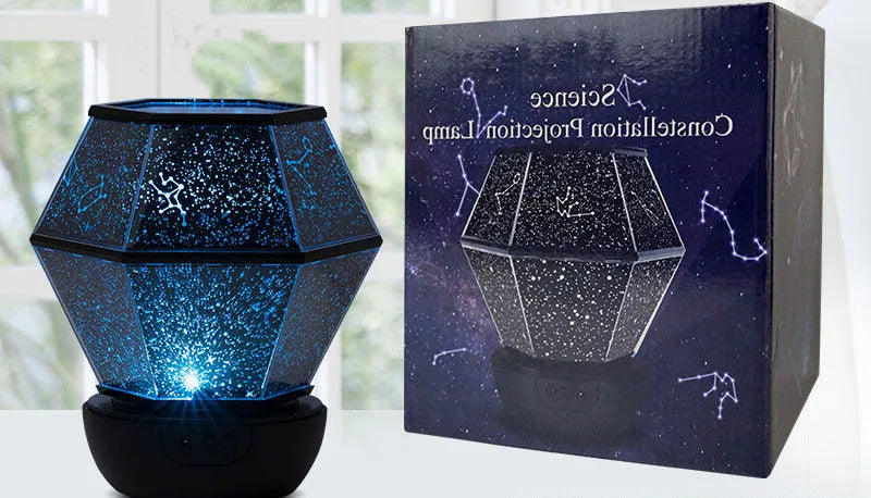 Children's LED night light projecting rotating three-colour stars onto a bedroom ceiling.