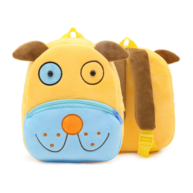 Soft plush children's backpack with cartoon animal design, showing zippered main compartment.