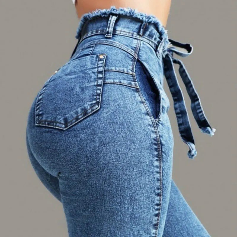 Women's fringed jeans in cowboy fabric, shown in grey, dark blue, and light blue colour options.