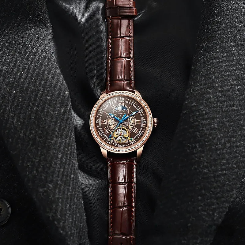 Men's mechanical watch with transparent case back showing movement and stainless steel strap