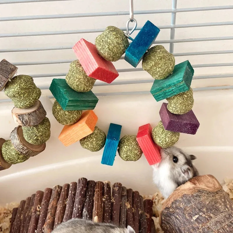 Applewood and woven straw ball chew ring toy for small pets on a white background.