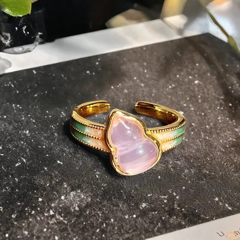 Vintage copper gourd ring with adjustable opening, flower and bow design, zircon inlay