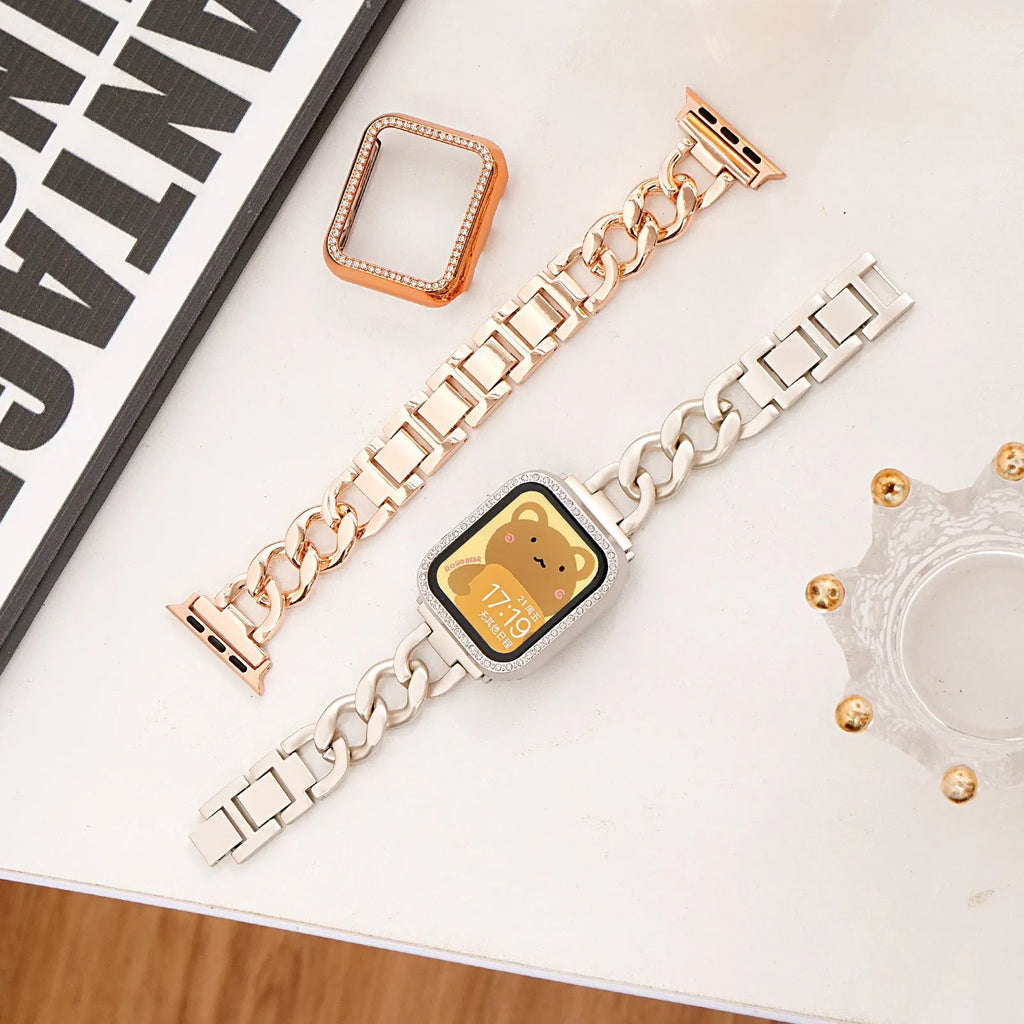 Metal denim chain link Apple watch strap in silver, black, gold, rose gold and Starlight colours