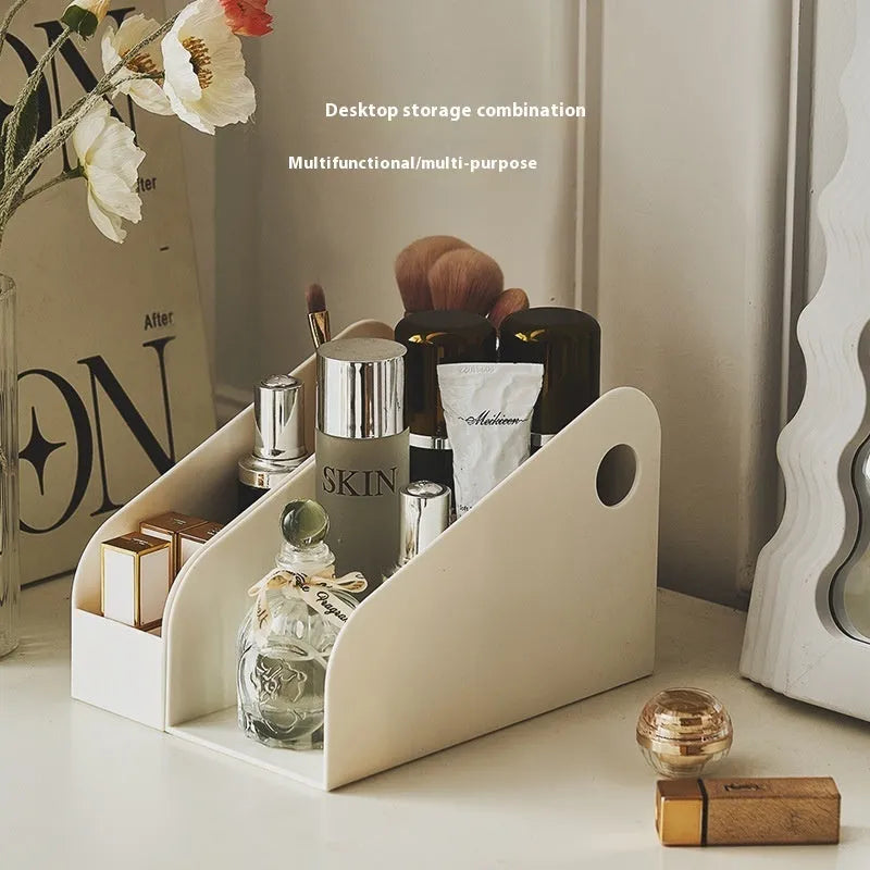 Desktop storage box with two grid layers in milk coffee colour, dimensions 14.5x17x22cm