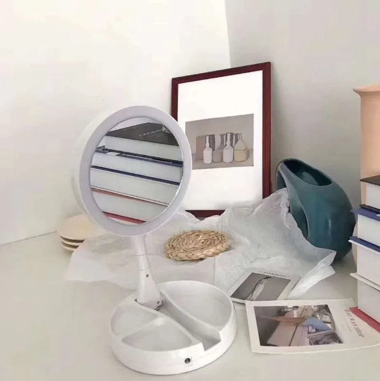 White foldable LED vanity mirror with beauty fill light showing double-sided design and USB charging port