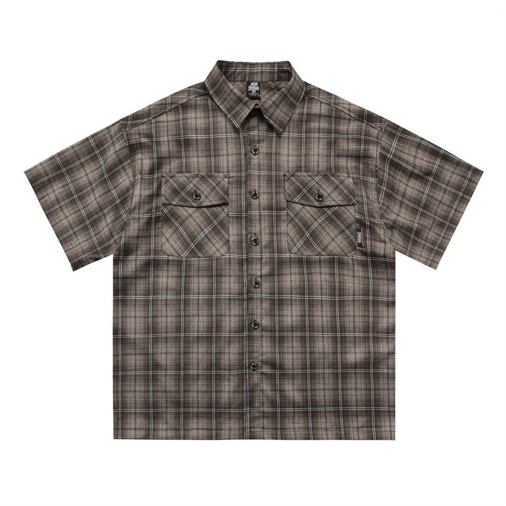 Men's black and brown embroidered plaid short sleeve shirt with lapel collar