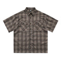 Men's black and brown embroidered plaid short sleeve shirt with lapel collar