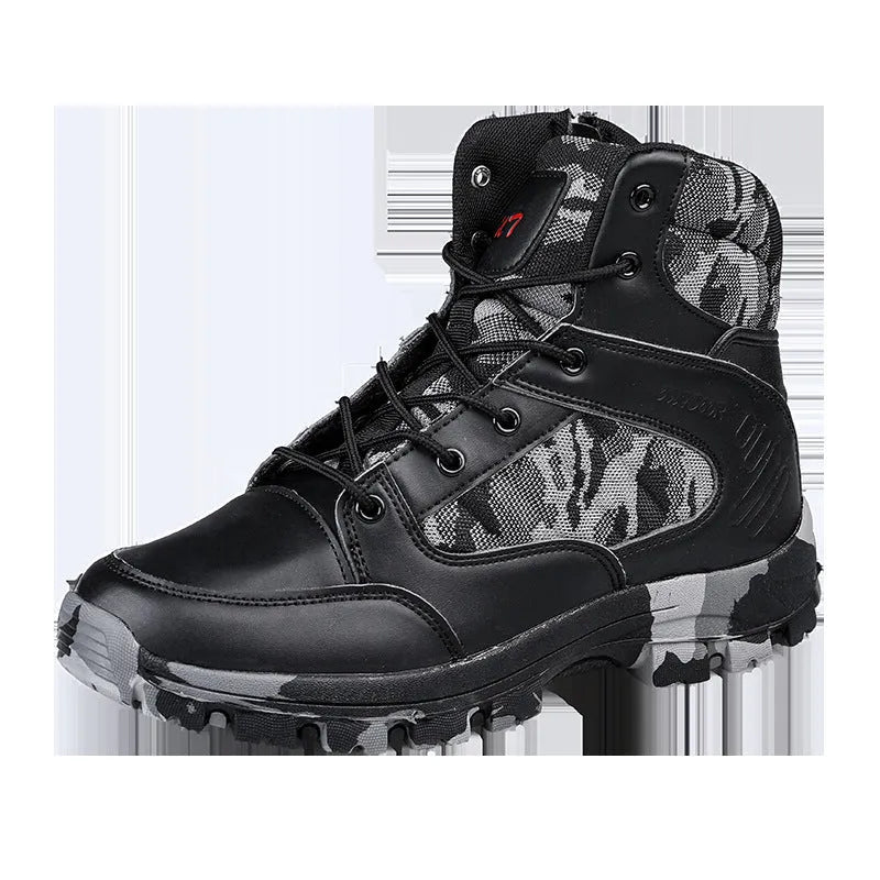 Men's black high-top hiking shoes with artificial PU upper and metal details on a natural background.