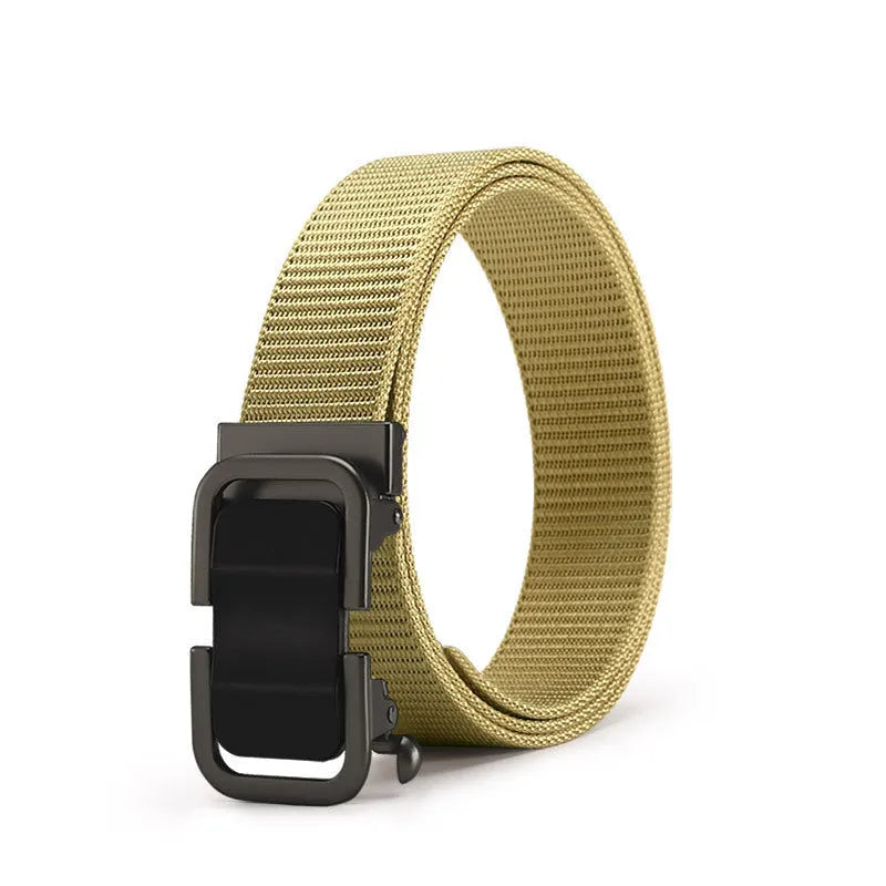 Men's nylon canvas belt with a silver toothless alloy buckle on a grey strap.