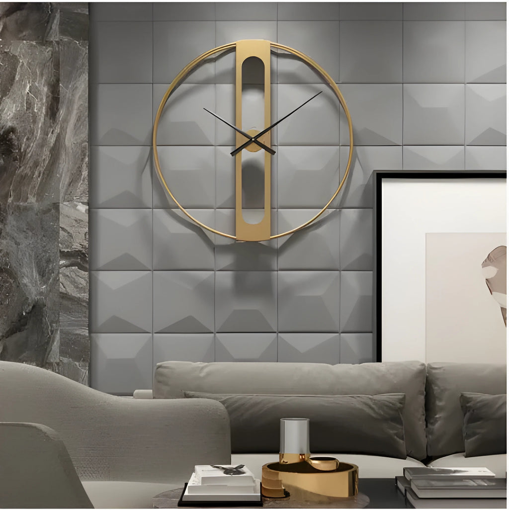 A large 50cm round metal wall clock on a wall, shown in black and gold colour variants.