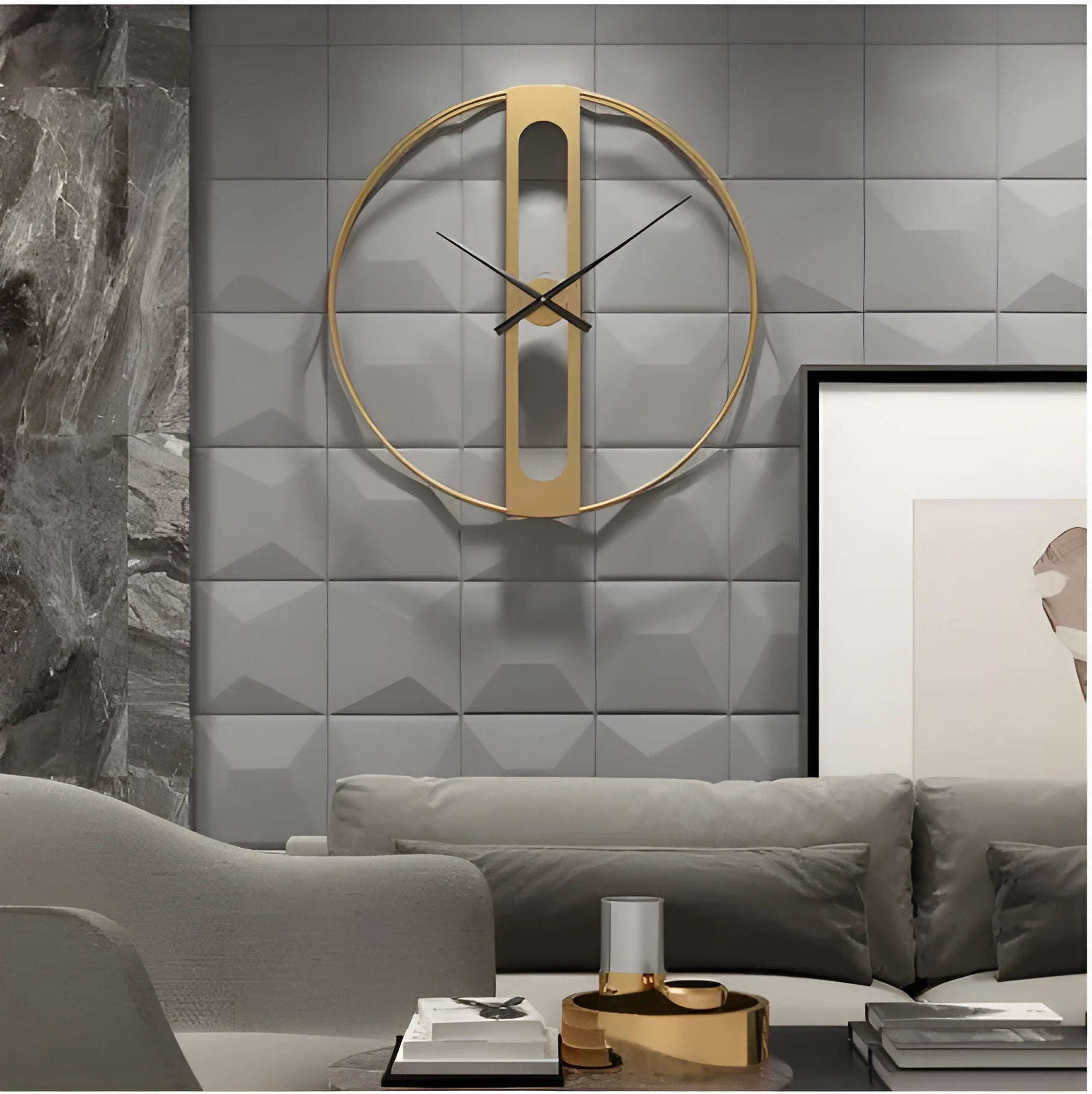 A large 50cm round metal wall clock on a wall, shown in black and gold colour variants.