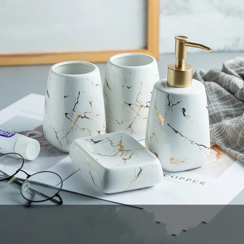 Ceramic bathroom wash set in light luxury style with decal process finish available in black blue or white