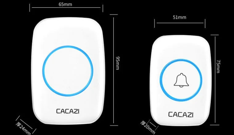 Wireless doorbell push button and plug-in chime unit in black, white, gold, or silver.