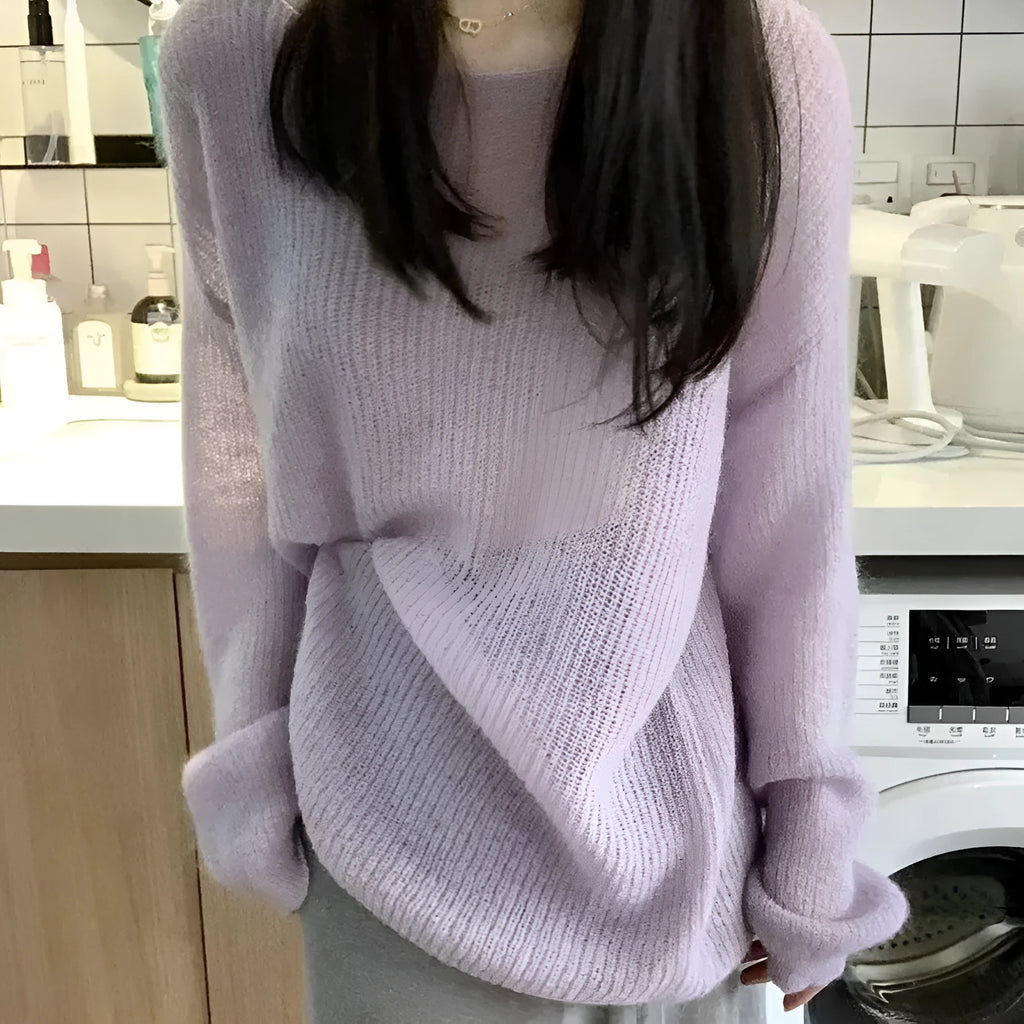 Purple women's blouse with hollow out design and princess sleeves, made from lightweight Ice Silk.