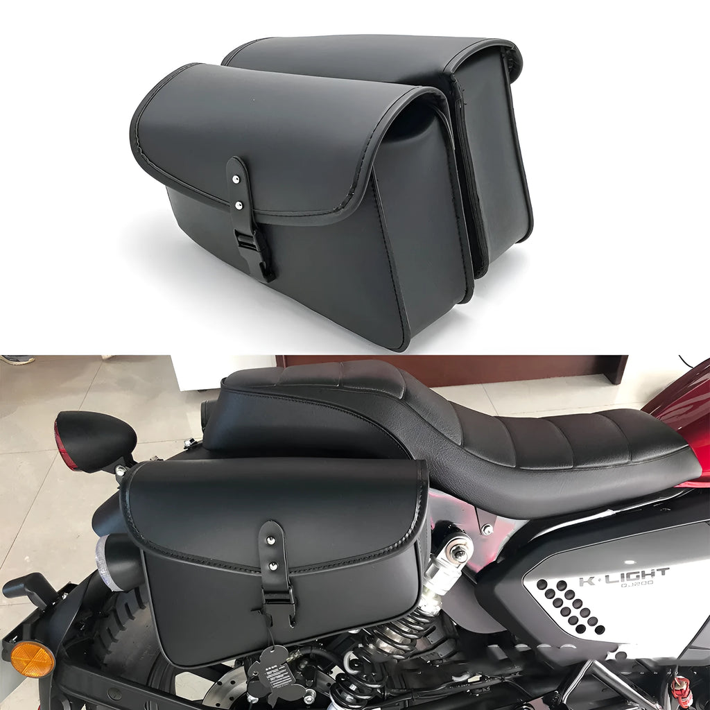 Black PU leather motorcycle swingarm saddlebag mounted on Sportster side showing 30x24x20cm dimensions