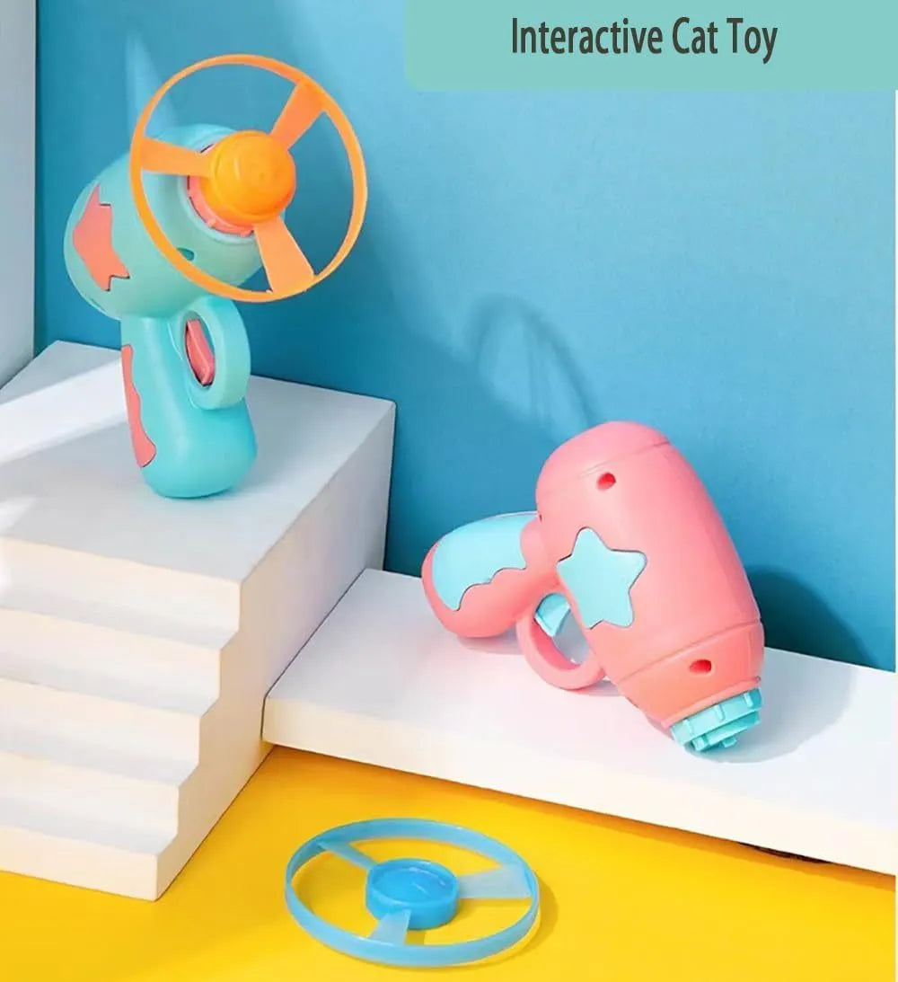 Blue interactive cat toy gun with plastic frisbee measuring 11cm tall for indoor feline play