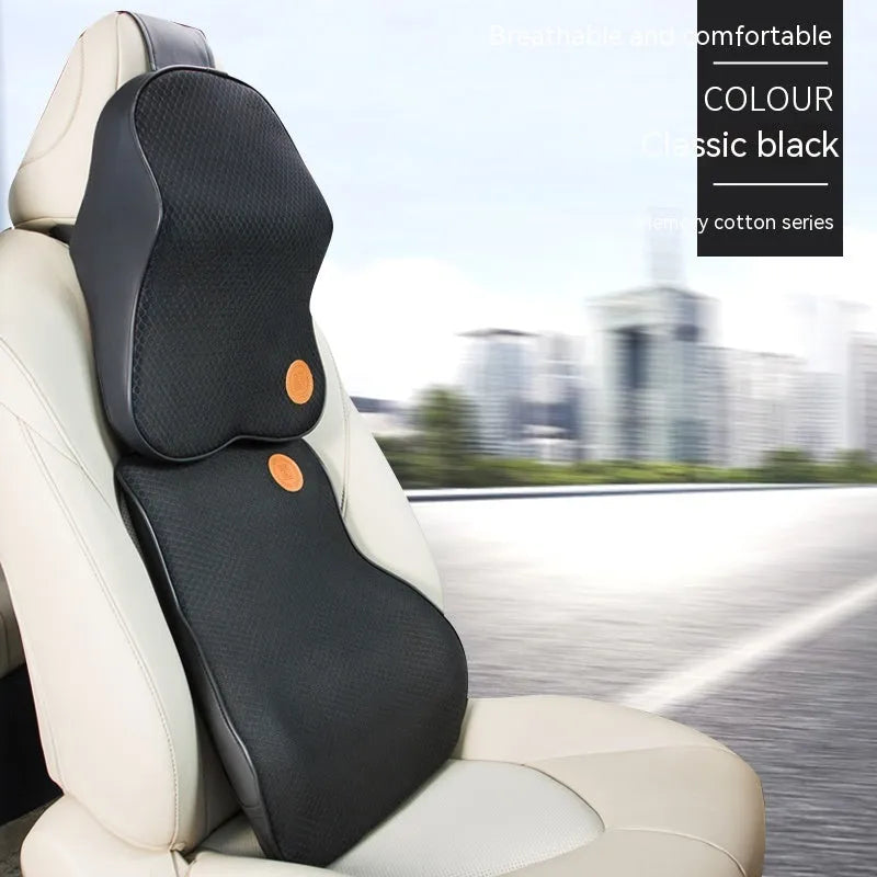 Black and beige memory foam headrest pillow and lumbar support pillow for car seats.