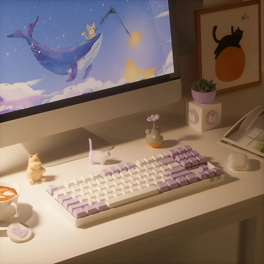Wireless Bluetooth mechanical keyboard with metal construction in purple-white or blue-white colour options