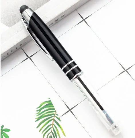 Red metal multifunctional pen with capacitive stylus tip, ballpoint, and LED light
