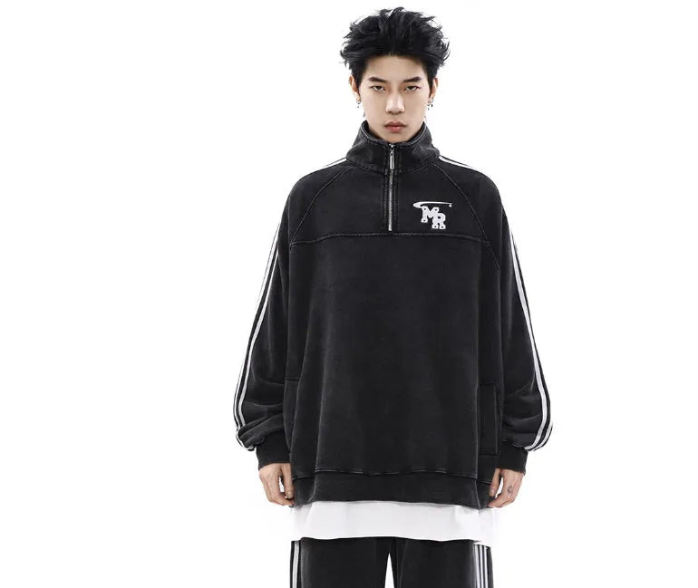 Black Hong Kong style men's hoodie coat with stand collar and long sleeves for casual sports wear