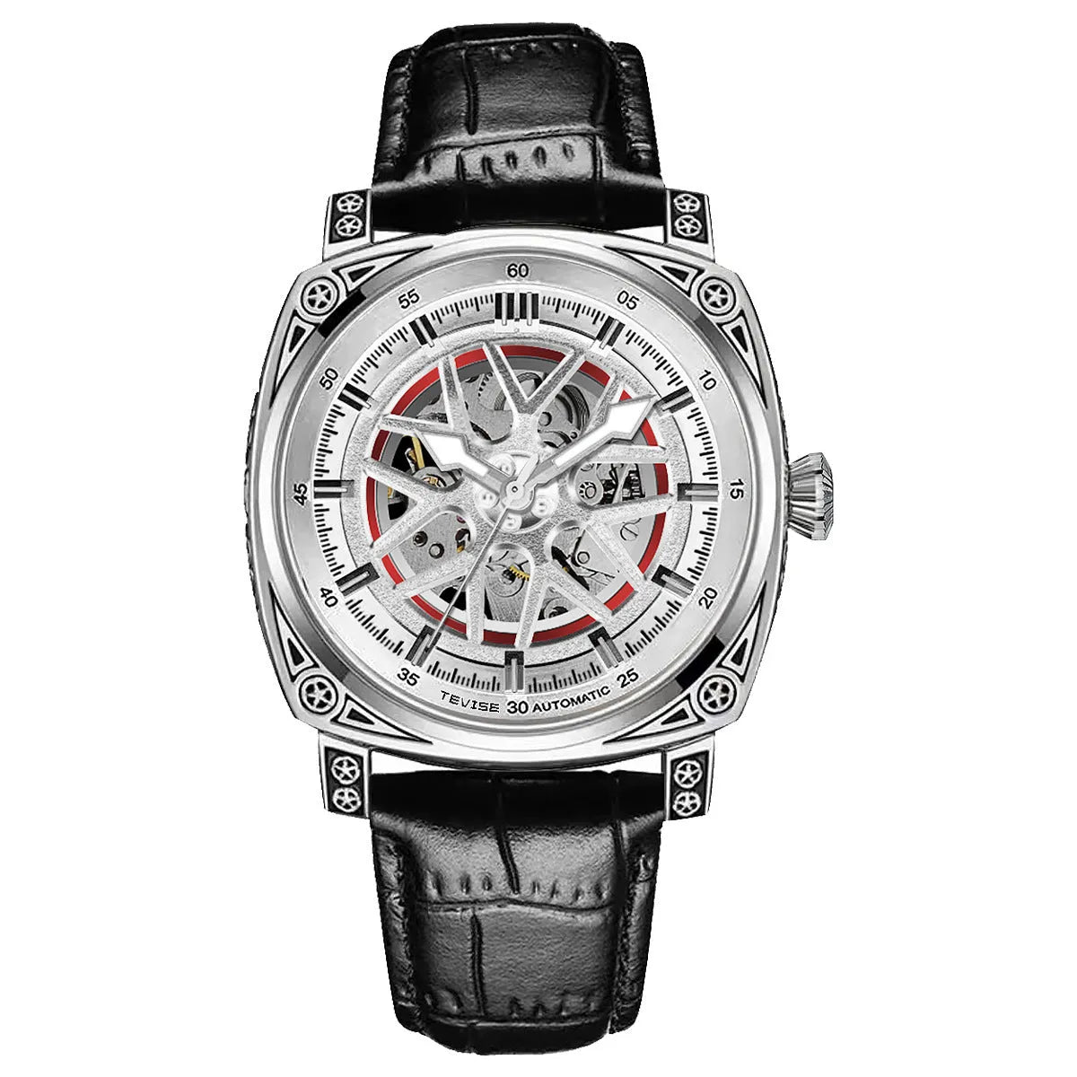 Men's stainless steel automatic watch with blue leather strap showing time display