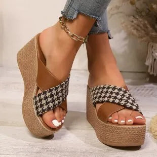 Brown and black plaid wedge sandals with rubber soles shown in UK sizes 34-43