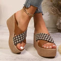 Brown and black plaid wedge sandals with rubber soles shown in UK sizes 34-43