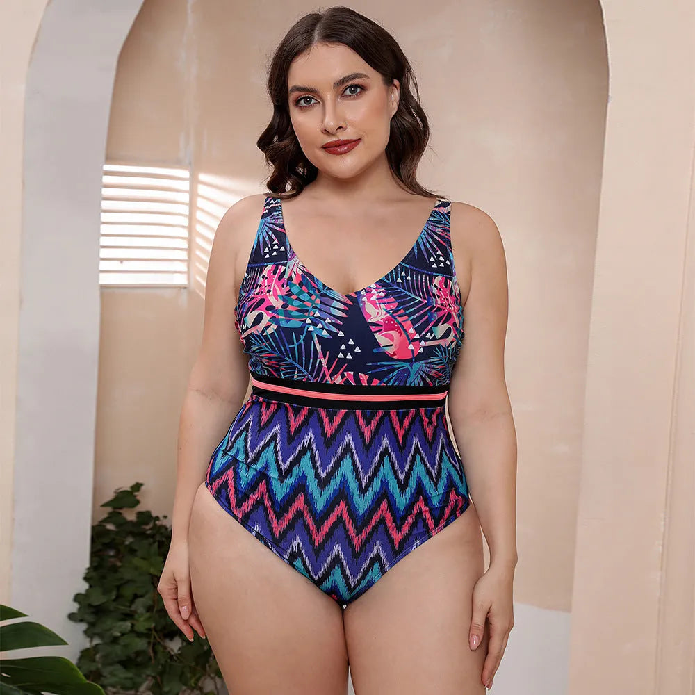 Women's printed one-piece swimsuit with spaghetti straps and striped vest design in blue pattern
