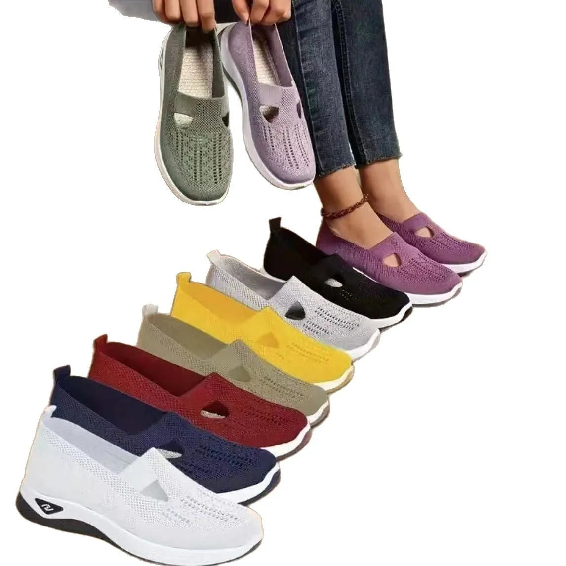 Women's casual mesh shoes with T-strap design and soft PVC soles in light purple colour