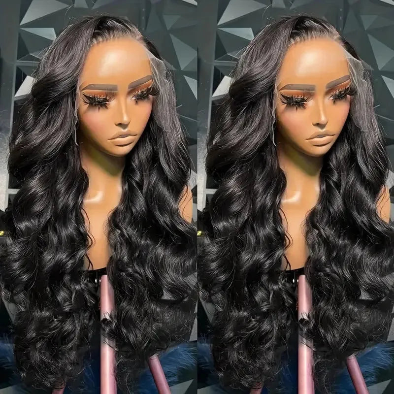 Black full-head wig with long, large curly waves and a lace mesh cap construction.