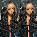 Black full-head wig with long, large curly waves and a lace mesh cap construction.