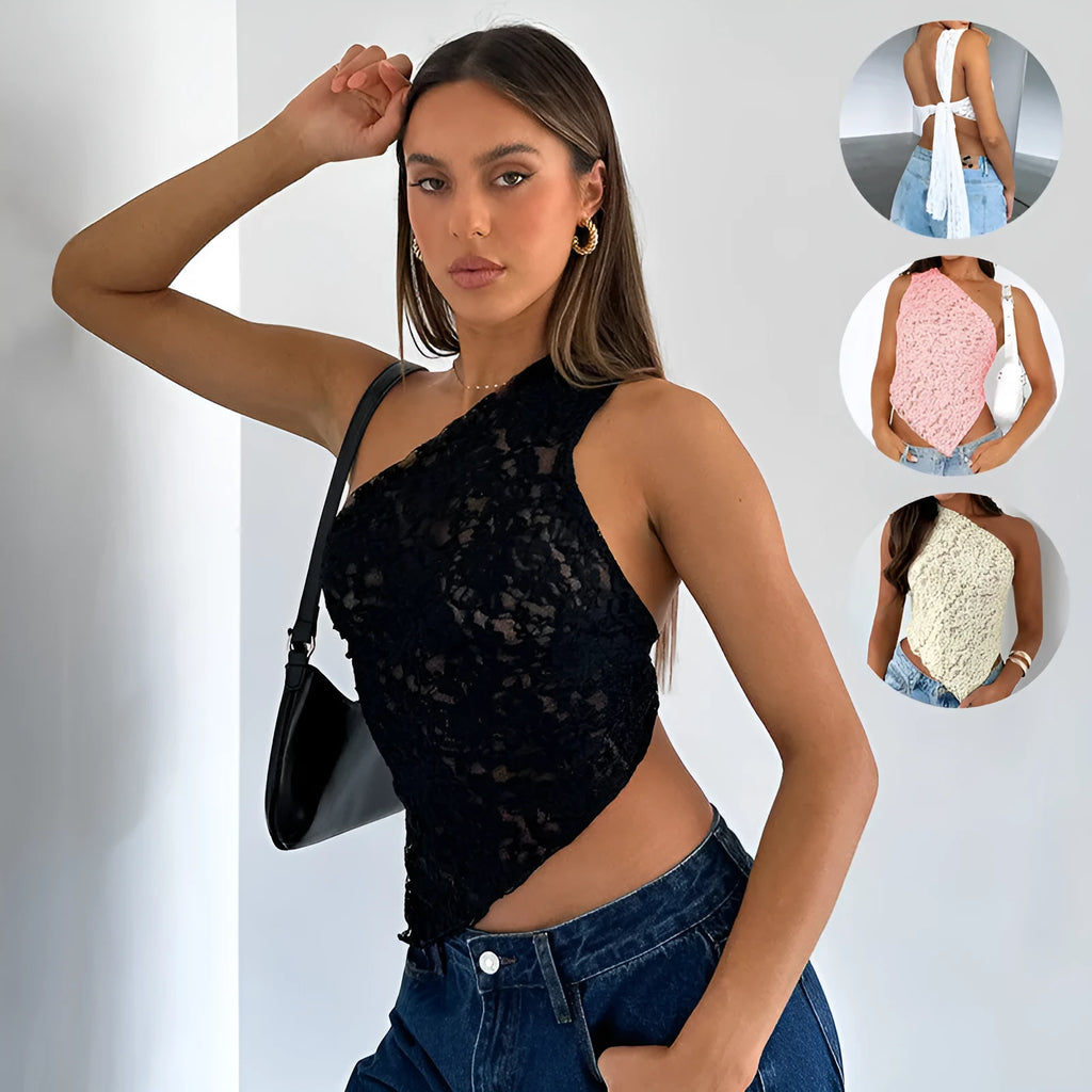 Women's slim-fit lace backless vest with an asymmetrical neckline in solid colour