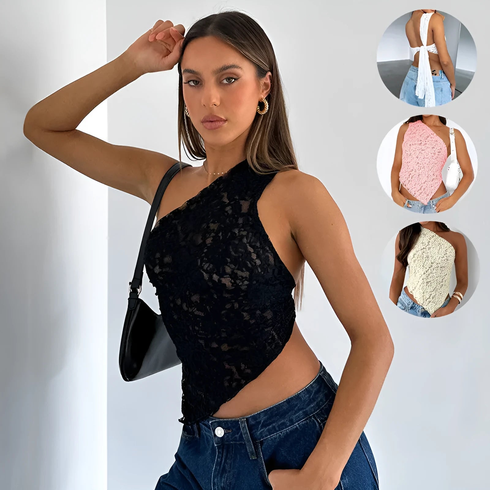 Women's slim-fit lace backless vest with an asymmetrical neckline in solid colour