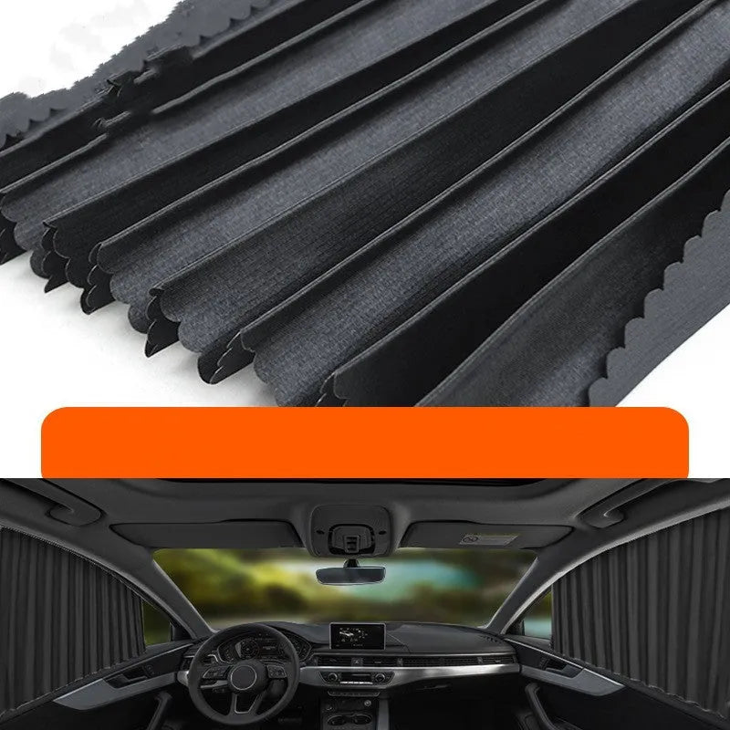 Retractable car sun curtain in thick opaque cloth with roller shutter mechanism