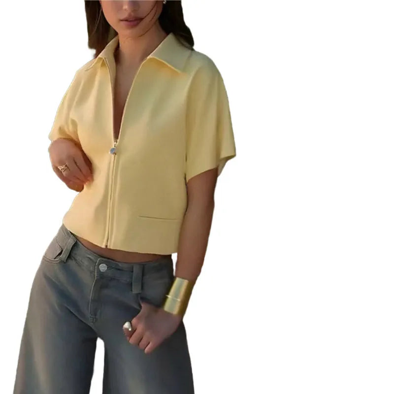 Loose fit short sleeve casual top in yellow, laid flat