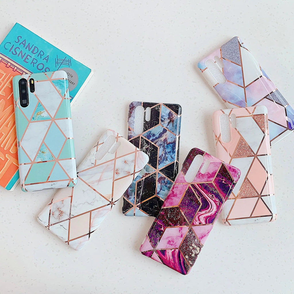 Electroplated marble pattern mobile phone case for Huawei and Samsung smartphones in various colours.