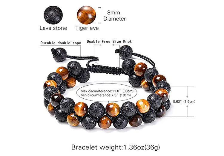 Geometric couple bracelet made of matte black agate beads with a tiger eye stone.
