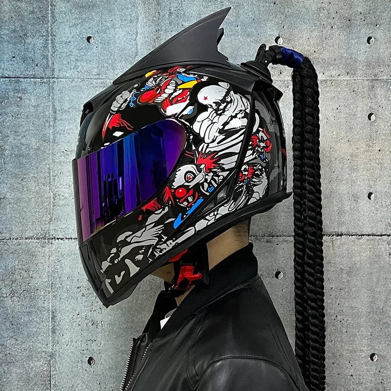 Couples' Dirty Braids graphic full face motorcycle helmet in ABS plastic on a white background.
