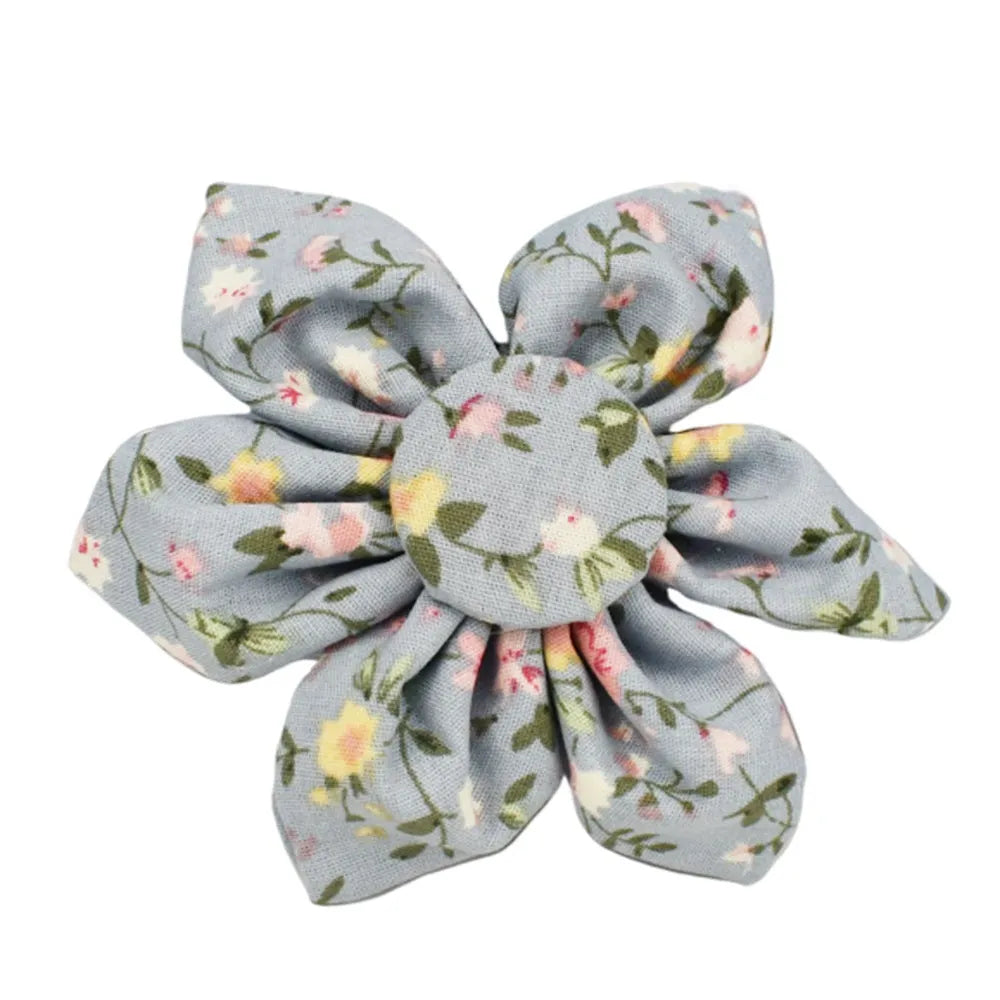 Blue floral polyester cotton dog collar and matching leash set with bow, vest, and poop bag accessories