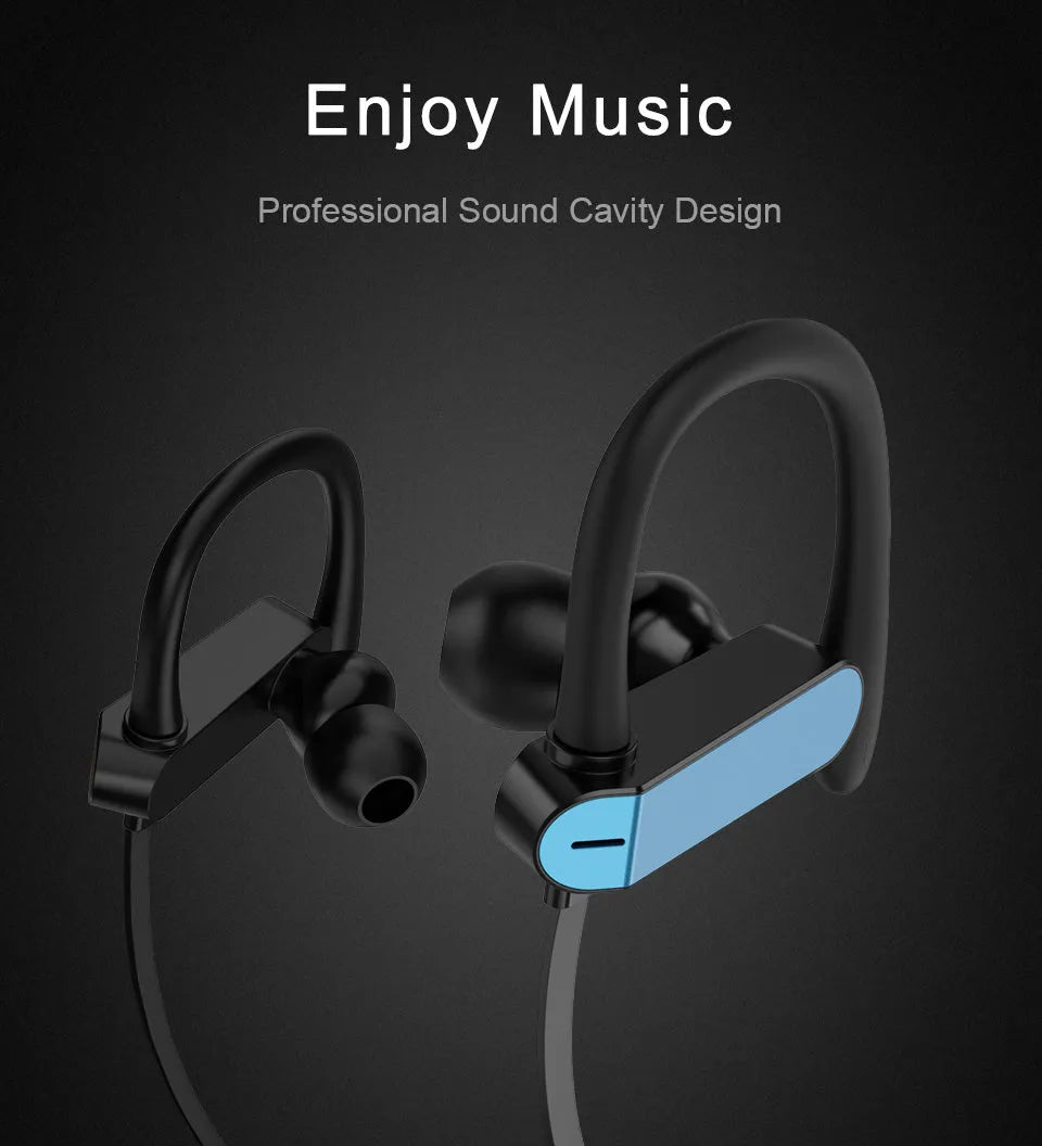 Black and blue sport ear hooks attached to PTM TS27 earphones with microphone.