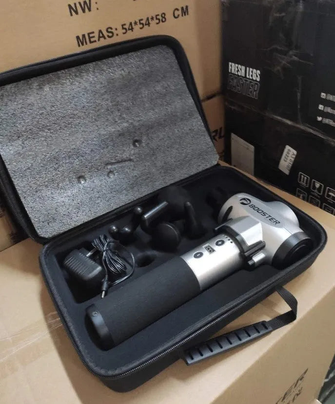 Black and white muscle massage gun with 24V battery and adjustable speed control