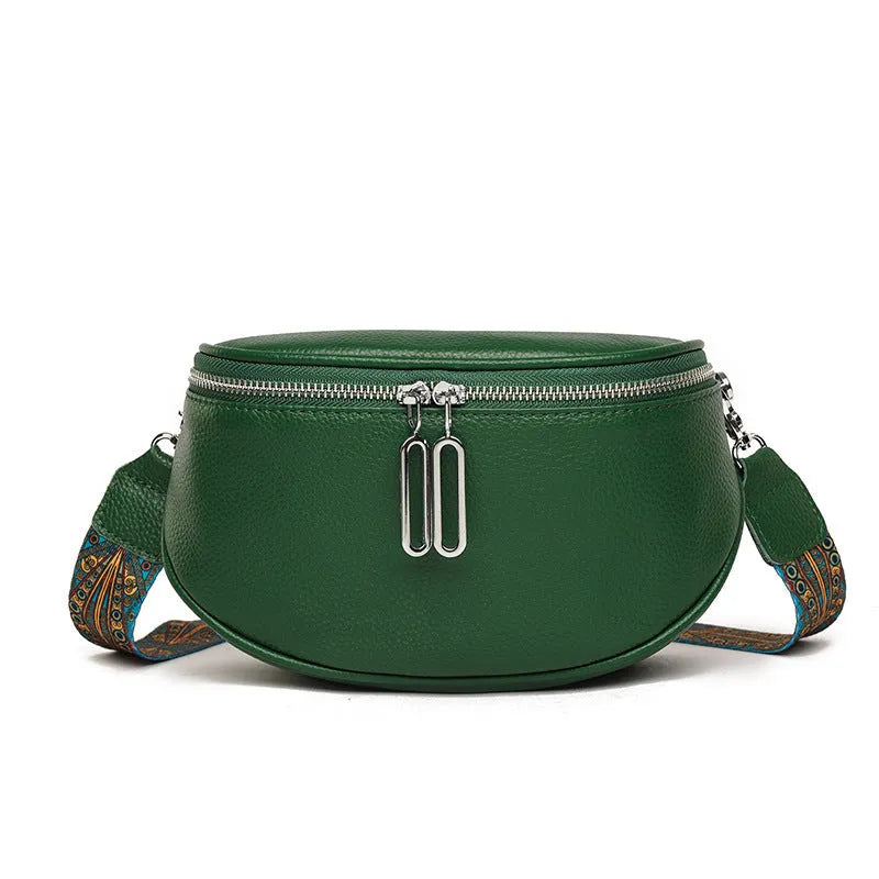 Women's saddle-shaped PU leather messenger bag in green colour with cross-body strap and exterior pocket