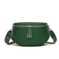 Women's saddle-shaped PU leather messenger bag in green colour with cross-body strap and exterior pocket