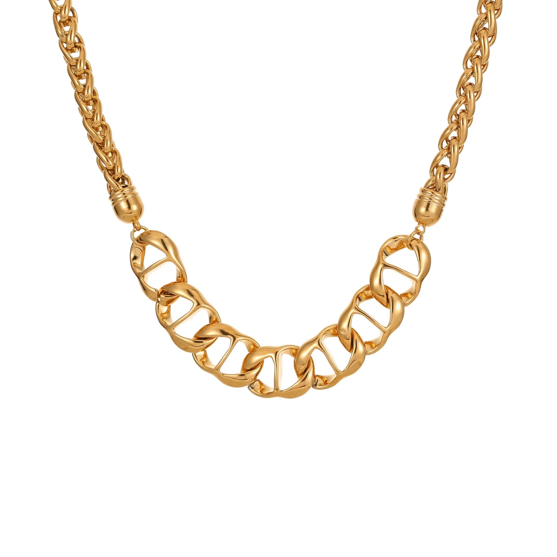 Stainless steel geometric pendant necklace with gold electroplating on regular chain