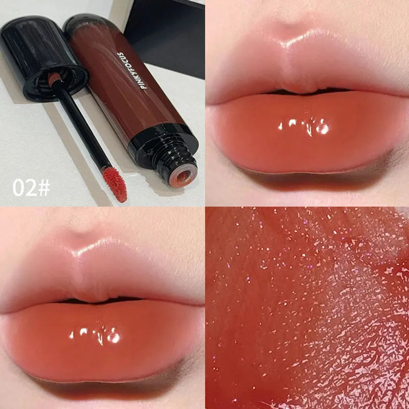 Black shiny Mirror Lip Lacquer with six colour shades displayed